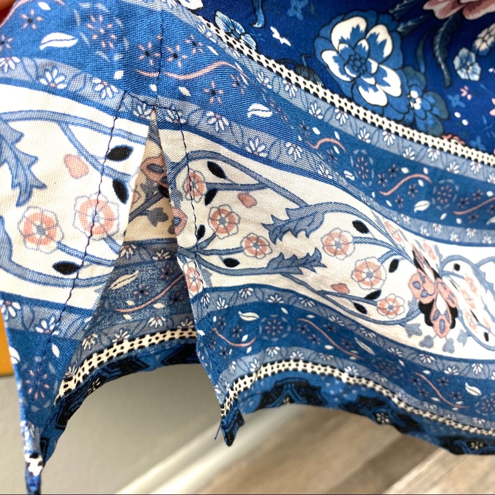 Blue Boho Floral Print Puff Sleeve Peasant Blouse - Picture 11 of 14